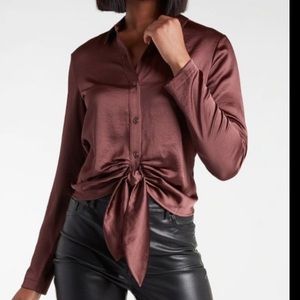 Relaxed Satin Tie Front Portofino Shirt Express Top